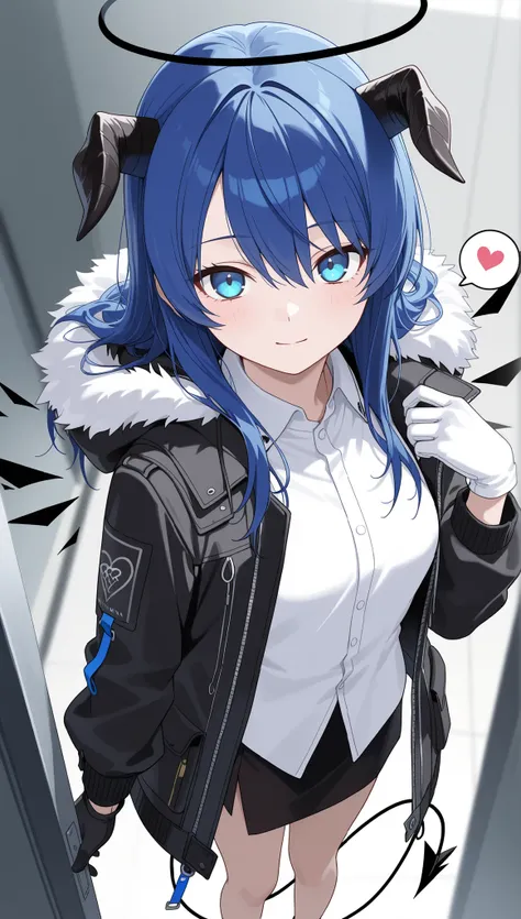 heart, from above, looking at viewer, black wings, energy wings, detached wings, demon tail, blue hair, hair between eyes, black horns, demon horns, black halo, blue eyes, fur trim, black jacket, hooded jacket, fur-trimmed hood, hood down, open jacket, lon...