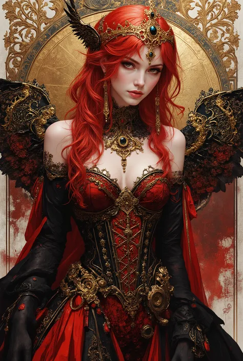masterpiece, very aesthetic, best quality, newest, absurdres, highres, very stylized with gold filigree
BREAK
Regal full figured queen, very expressive face denoting satisfaction, watercolor, 1girl, magical girl, redheaded majestic angel, red and black th...