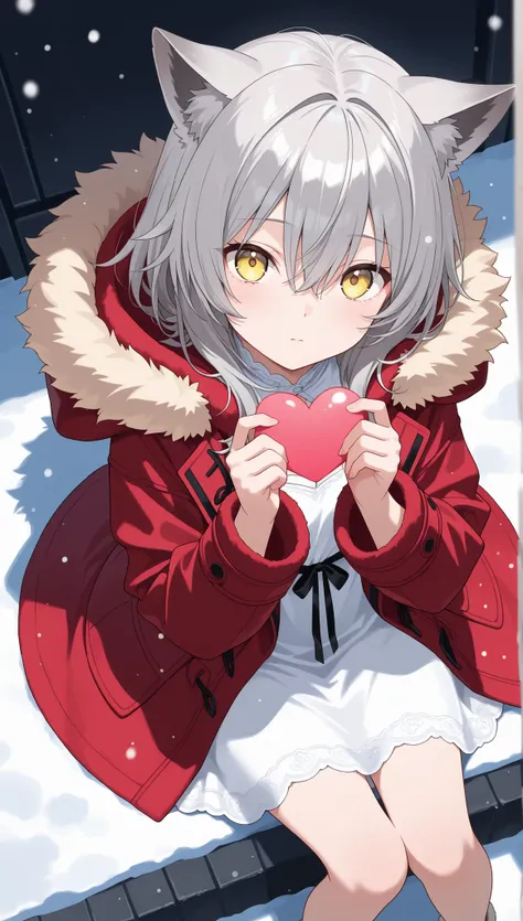 heart, from above, looking at viewer, grey hair, hair between eyes, yellow eyes, animal ears, red coat, hooded coat, fur-trimmed coat, dress