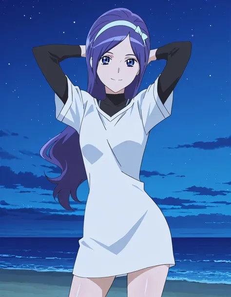 Miki, dark blue hair, long_hair, hairband, light blue band, blue_eyes, smal_breasts, black shirt, turtleneck, long sleeves, white t-shirt, short sleeves, t-shirt dress, anime screencap, high quality, solo, shiny skin, night sky, beach, arms behind head, (c...