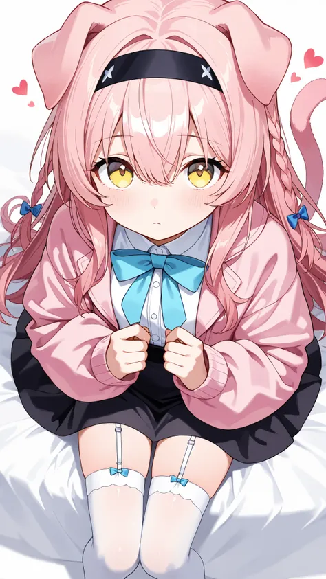 heart, from above, looking at viewer, cat ears, animal ears, yellow eyes, garter straps, thighhighs, long hair, white thighhighs, braid, black skirt, pink hair,hairband,tail,cat tail,long sleeves,pink coat,jacket,pink jacket,bow,blue bow,looking at viewer,...