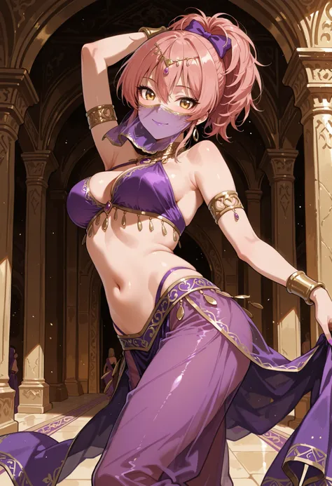 Score_9, score_8_up, score_7_up, source_anime, jougasaki mika, solo, ponytail, pink hair, yellow eyes, (best quality), (high quality), {masterpiece}, extremely delicate and beautiful, ultra-detailed, beautiful detailed eyes, purple arabian clothes, dancer,...