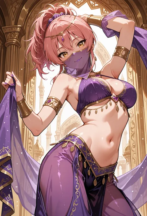 Score_9, score_8_up, score_7_up, source_anime, jougasaki mika, solo, ponytail, pink hair, yellow eyes, (best quality), (high quality), {masterpiece}, extremely delicate and beautiful, ultra-detailed, beautiful detailed eyes, purple arabian clothes, dancer,...