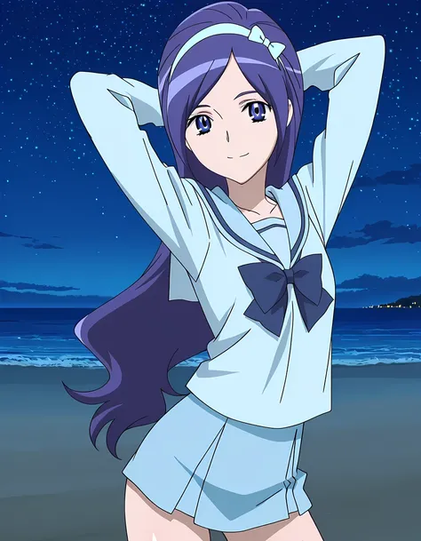 Miki, dark blue hair, long_hair, hairband, light blue band, blue_eyes, small_breasts, school uniform, blue shirt, serafuku, long sleeves, bowtie, anime screencap, high quality, solo, shiny skin, night sky, beach, arms behind head, (contrapposto), closed mo...