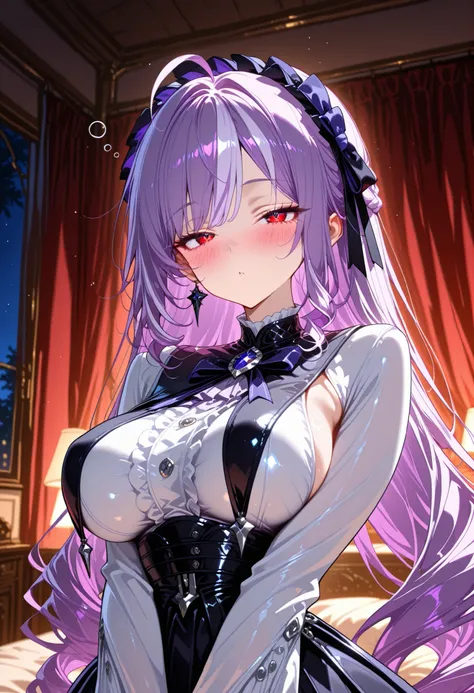 High quality, 1girl, sole female,   vivianZzz, red eyes,ahoge,streaked hair,black hairband,frilled hairband, purple hair,  hair bow, very long hair, big eyes, delicate facial features, natural skin texture, seductive, looking at viewer, dark elegant bedroo...