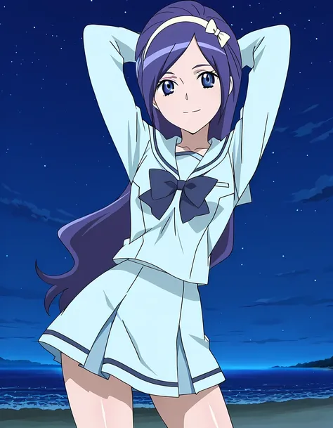 Miki, dark blue hair, long_hair, hairband, light blue band, blue_eyes, small_breasts, school uniform, blue shirt, serafuku, long sleeves, bowtie, anime screencap, high quality, solo, shiny skin, night sky, beach, arms behind head, (contrapposto), closed mo...