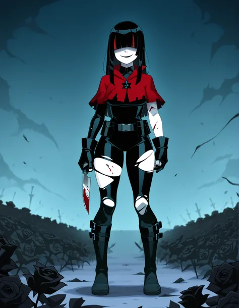 ((Highest quality)), 1girl, full body, Standing, breast, thighs, shins, solo, medium chests, black hair, hime cut, long hair, hair over the eyes, pale skin, pale skin female, black nail polish, full body, Black combat gloves, combat gloves, black gloves, S...