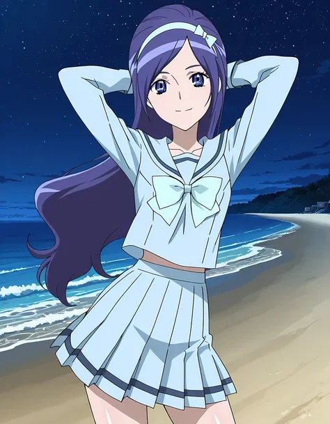 Miki, dark blue hair, long_hair, hairband, light blue band, blue_eyes, small_breasts, school uniform, blue shirt, serafuku, long sleeves, bowtie, anime screencap, high quality, solo, shiny skin, night sky, beach, arms behind head, (contrapposto), closed mo...