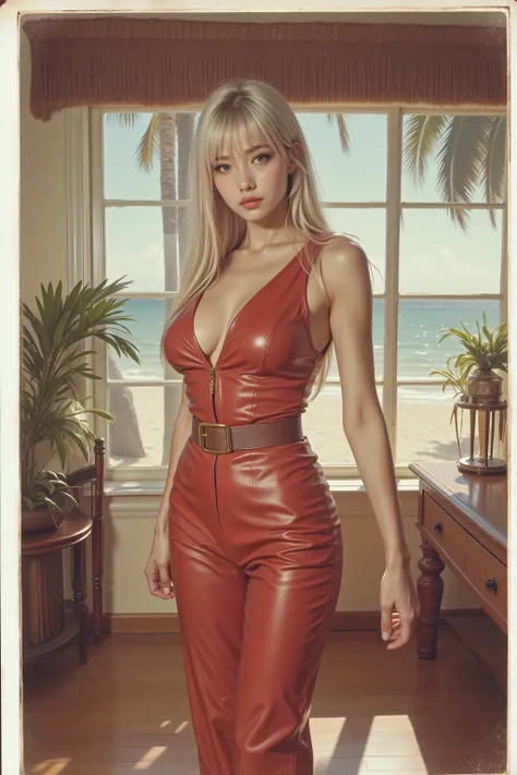 Vintage Polaroid-style full-body portrait of a sexy , provocative girl secret in 1970s pin-up style . Tall , athletic build , long blonde straight blonde hair with a bang
a hair tie aholokan , close eyes , high arched eyebrows , large breasts , slim wais...