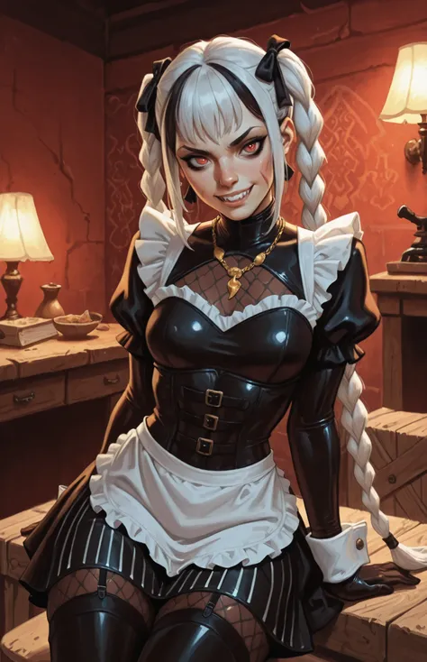 Drawn like the artist Bob Kehl. She looks like Cammy White and has a horizontal scar across her nose. Smaller head. Inca girl with white and dark hair, deep red-coloured eyes, slanted Asian eyes, small sharp canine teeth, black eyeliner, athletic body and ...