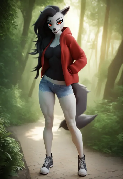 [(Score_9, score_8_up, score_7_up, score_6_up, score_5_up, score_4_up)], [(best quality, masterpiece, high res, 32k), (morning, softlight, forest)]. [((Mightyena, anthropomorphic)), (casual clothing: black shirt, open red hoodie, jean shorts, sneakers), ((...