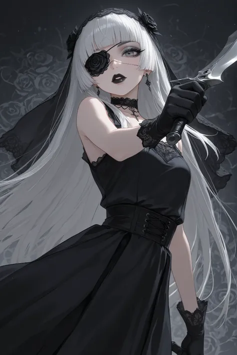 score_9, score_8_up, score_7_up, score_6_up, 
1girl, teen girl, highschool girl, pretty black sleeveless dress with floral and spider accents, white hair, hime-cut hair, straight hair, long hair, grey eyes, thick lips, small, long eyelashes, rose eyepatch,...