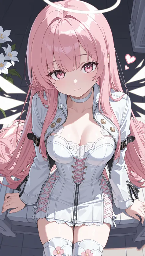 heart, from above, looking at viewer, pink eyes , pink hair , straight_hair, white halo,energy wings, white choker, cropped jacket,cross-laced dress ,bustier, belt buckle,arm belt, zipper, zettai ryouiki, white_shirt, flower_ornament