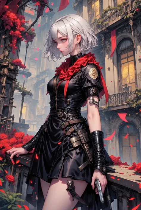 A short silver-haired woman with dark blue eyes, wearing a black steel-style assassin dress with a red frill scarf, is shrinking on the balcony of an antique mansion. A silver handgun at the tip of the barrel has fallen red rose petals. Below is a man in a...