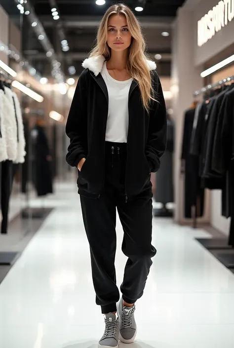 "A high-resolution fashion photograph of a stunningly beautiful woman with a feminine L-size body, curvy, not skinny, but with a naturally well-proportioned and attractive figure. She is posing elegantly indoors in a luxurious HDSPORTWEAR brand store. The ...