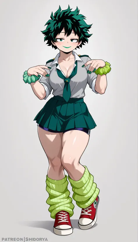 ((Highest Quality)), ((Simple Light Grey background)), (My Hero Academia Style), 1female, female, medium Breast, thighs, hips, thick shins, solo, Athletic body, tall, standing, (Full Body), Midoriya Izuku, gender bender, half-closed eyes, green eyes, very ...