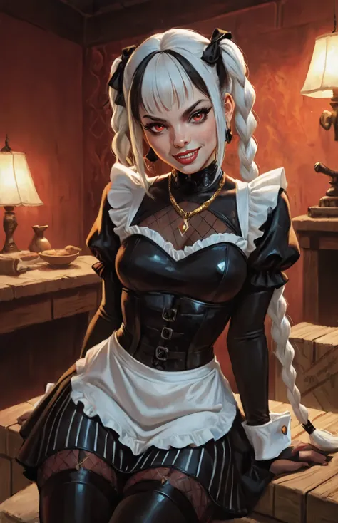 Drawn like the artist Bob Kehl. She looks like Cammy White and has a horizontal scar across her nose. Smaller head. Inca girl with white and dark hair, deep red-coloured eyes, slanted Asian eyes, small sharp canine teeth, black eyeliner, athletic body and ...