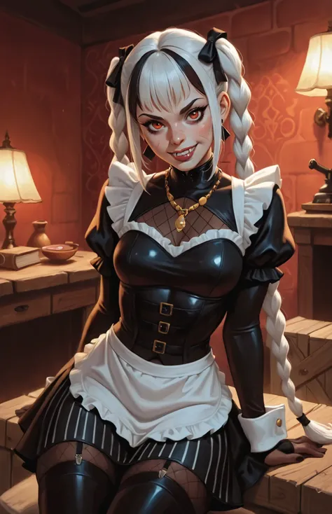 Drawn like the artist Bob Kehl. She looks like Cammy White and has a horizontal scar across her nose. Smaller head. Inca girl with white and dark hair, deep red-coloured eyes, slanted Asian eyes, small sharp canine teeth, black eyeliner, athletic body and ...