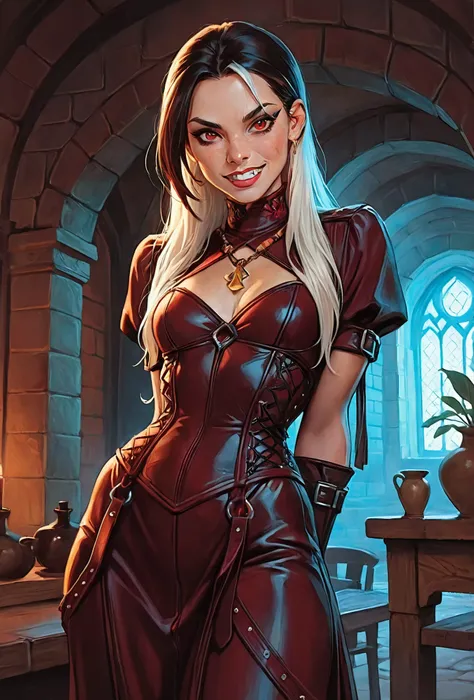 Drawn like the artist Bob Kehl. She looks like Cammy White and has a horizontal scar across her nose. Inca girl with white and dark hair, deep red-coloured eyes, slanted Asian eyes, small sharp canine teeth, black eyeliner, athletic body and soft abs. Slen...