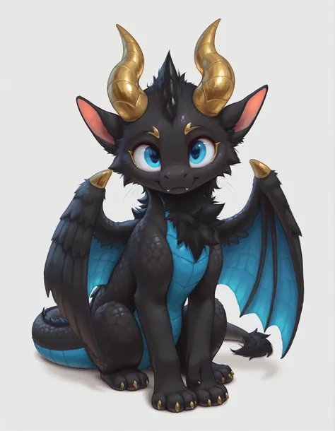 masterpiece, best quality, amazing quality, slvrfxstyleil, feral, dragon, black skin, gold horns, curled horns, wings, blue eyes, simple background,, solo, 1female, cute,