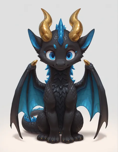 masterpiece, best quality, amazing quality, slvrfxstyleil, feral, dragon, black skin, gold horns, curled horns, wings, blue eyes, simple background,, solo, 1female, cute,