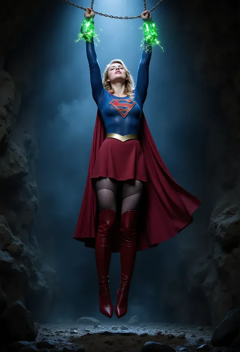 Melissa Benoist as Supergirl, the Supergirl is hanging to the ceiling with chains, she is hanging her wrists to the ceiling with a green luminous handcuff, a lot of chains tied her wrists together, faint, eyes closed, painful face, extremely pain, She is w...
