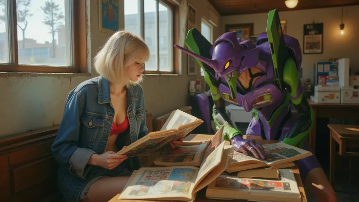 A 16-17-year-old Japanese girl, approximately 160 cm tall, with a blonde bob haircut, wearing an unbuttoned denim jacket over a lacy red bralette and unzipped short denim shorts, sitting face-to-face with a human-sized Evangelion Unit-01, approximately 190...