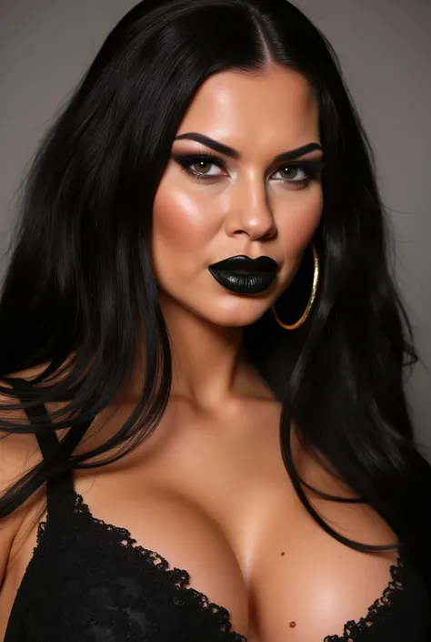 Woman closeup .Upper body only. wearing Big round gold earnings. Simple heavy black lipstick. detailed Sexy black tight latex bra. Big full chest.  very very long hair . looking intensely at viewer sharp detailed 8k image. .detailed face woman . realistic.