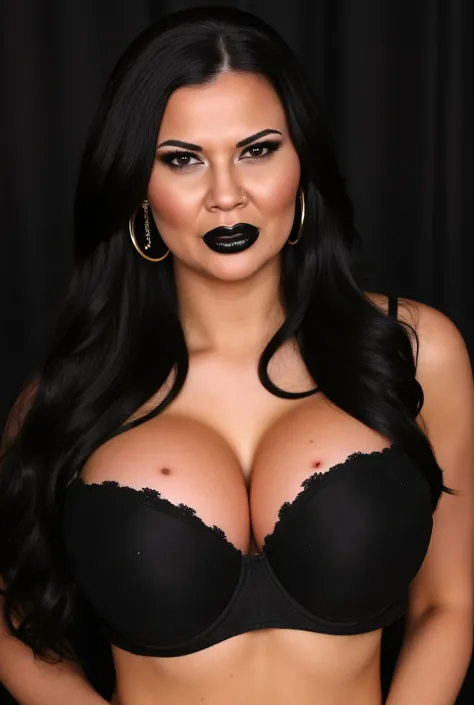 Woman closeup .Upper body only. wearing Big round gold earnings. Simple  black lipstick.  Sexy black tight bra. Big full chest.  very very long hair . looking intensely at viewer sharp detailed 8k image. .detailed face woman . realistic.