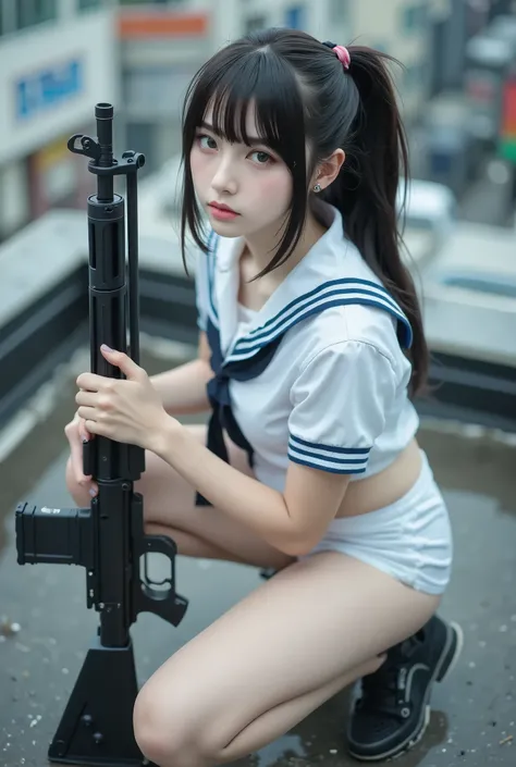 Bird's-eye view、cute On, On,surreal,high resolution,Highest Quality,8k,fine details,(14 years old),(female uniform with a white blouse and red ribbon) very beautiful and perfect nipples 、Beautifully Cut Thick Bangs、half up hair in a ponytail style、crea...