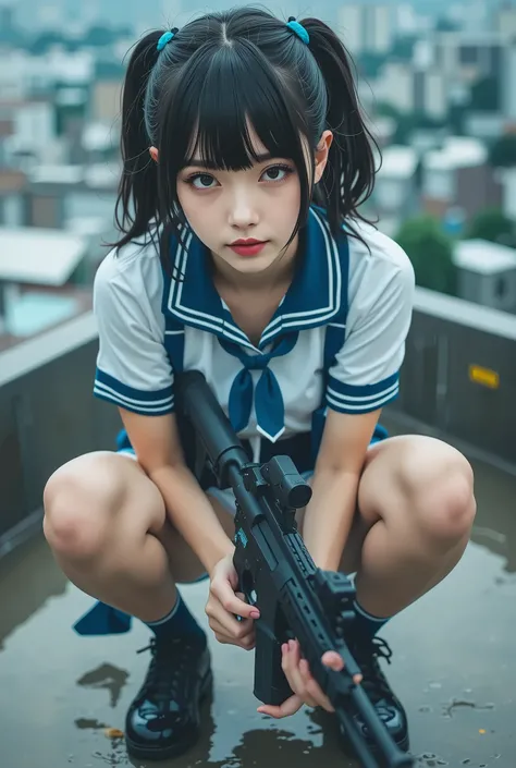 Bird's-eye view、cute On, On,surreal,high resolution,Highest Quality,8k,fine details,(14 years old),(female uniform with a white blouse and red ribbon) very beautiful and perfect nipples 、Beautifully Cut Thick Bangs、half up hair in a ponytail style、crea...