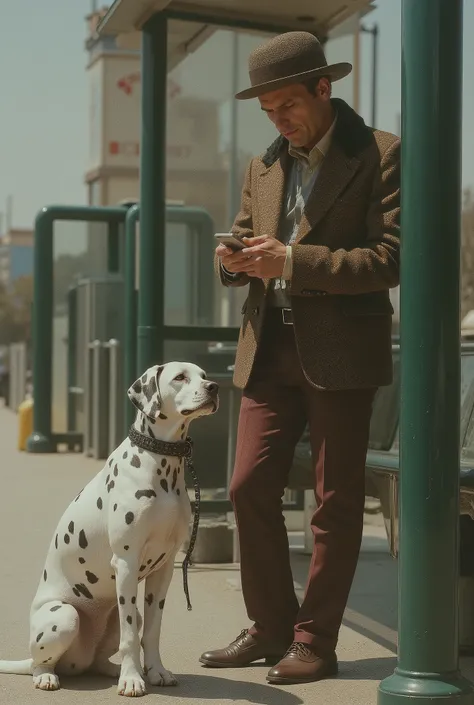 high quality. Super dettagliato. 8k . men in vintage style clothes. He looks a bit tired . has a black leash、a Dalmatian dog on his feet. The background is a bus stop . The dog is sitting at his feet、when the owner takes a break while looking at his smart...