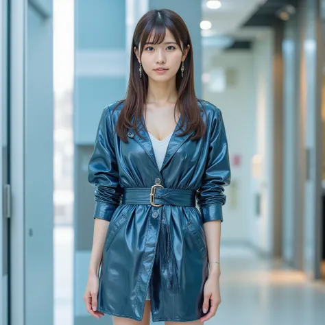 (One Gal:1.8), ( dark haired:0.2), PERFECT STRICT TRENCH COATS ONLY WEAR, (( full body shot from below:1.8)), ((SHINY CHROME TRENCH COATS ARE LENGTH ABOVE THE KNEE)), ( outdoor, shopping mall, shopping street), ( I'm showing my whole body, standing, ((...