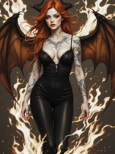 I want to create a medium shot dedicated to portraying Lilith, queen of demons, first wife of Adam, first succubus. masterpiece. best quality. Hourglass figure, teardrop shaped lovely natural breasts, perfect anatomy, skin as pale as milk, red hair and ra...