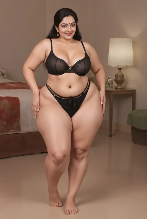 A breathtaking high-quality painting by renowned artist Manimala, centered composition, perfect framing, no cropping, full body shot , depicting a beautiful 45-year-old Indian woman, (Full body image (top to bottom), voluptuous body, chubby Indian plus siz...