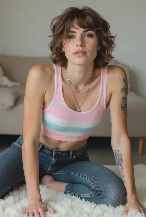 young adult cute femboy, full body shot, white european, androgynous, crossdressing, slender petite build, flat chest, narrow hips, smooth light skin, no body hair, soft facial features, winged eyeliner, short tousled bob hairstyle, casual hair across fore...