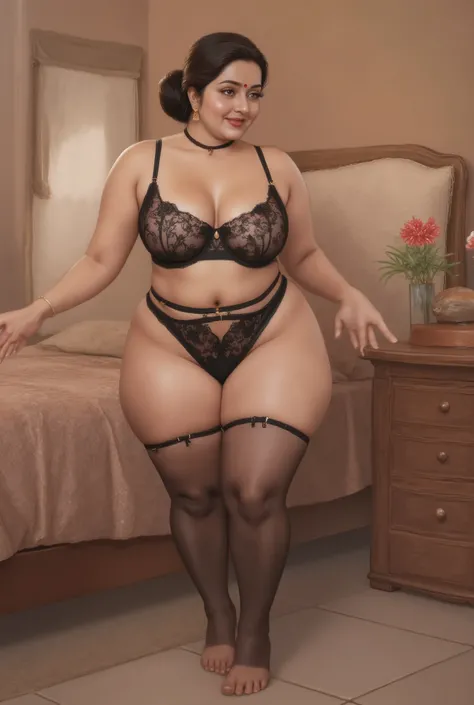 A breathtaking high-quality painting by renowned artist Manimala, centered composition, perfect framing, no cropping, full body shot , depicting a beautiful 45-year-old Indian woman, (Full body image (top to bottom), voluptuous body, chubby Indian plus siz...