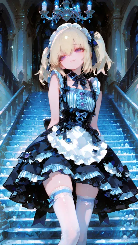 super definition, RAW pictures, high resolution, Sleeveless Maid Clothes, gentle smile, blue and white striped ruffle blouse, gothic lolita style, Knee Length Skirt, white stockings, maid Katyusha, twin tails, Blonde, Purple Eyes, gorgeous chandelier, Marb...