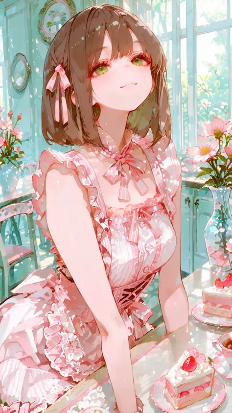 masterpiece, detailed down to the smallest detail, 8K Wallpaper, Sleeveless Maid Clothes, Bright smile, Pink and White Striped Ruffle Blouse, Lace Apron, Ribbon Embellishment , slender figure, bob cut, brown hair, GREEN EYES, cafeteria, Table Setting Mediu...