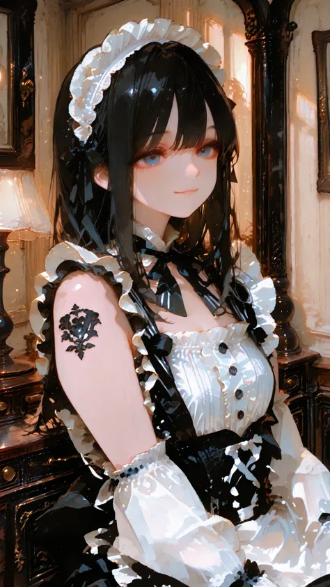 High Quality, best workmanship, ultra high res, Sleeveless Maid Clothes, Cute Smile, Striped Frill Blouse, Black and White Maid Outfit, Frilled Apron, Shoulder Design, Elegant posture, Headdress, long black hair, blue eyes, Interior lighting, Upscale Weste...