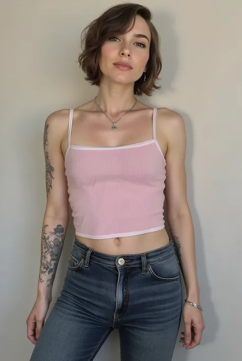 young adult cute femboy, full body shot, white european, androgynous, crossdressing, slender petite build, flat chest, narrow hips, smooth light skin, no body hair, soft facial features, winged eyeliner, short tousled bob hairstyle, casual hair across fore...