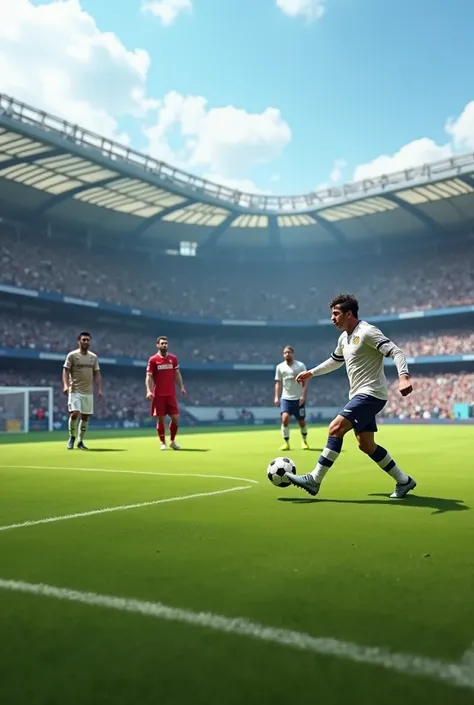 A man wearing a shirt plays the ball skillfully in an open field at the Santiago Bernabeu stadium in front of the eyes of Messi and Ronaldo. The best players in history and the goalkeeper is Buffon 