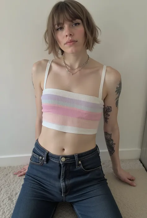 young adult cute femboy, full body shot, white european, androgynous, crossdressing, slender petite build, flat chest, narrow hips, smooth light skin, no body hair, soft facial features, winged eyeliner, short tousled bob hairstyle, casual hair across fore...