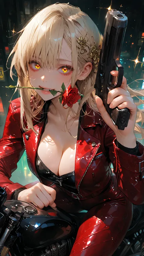 score_9, score_8_up, score_7_up,source_ ,ratings are safe , reality,reality skin,(nsfw、Raw Photos、greatest masterpiece、Highest Quality、very detailed、complicated、high resolution),Above Knee Angle ,A single rose flower in the mouth、woman riding black motorcy...