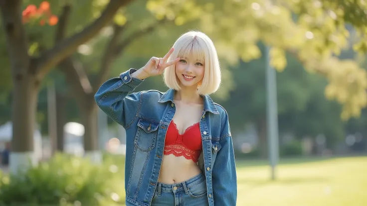 A photorealistic ultra-high-quality image of a 16-17-year-old Japanese girl, approximately 160 cm tall, with a blonde bob haircut. She wears an unbuttoned denim jacket over a lacy red bralette and unzipped short denim shorts. She is happily making a V sign...