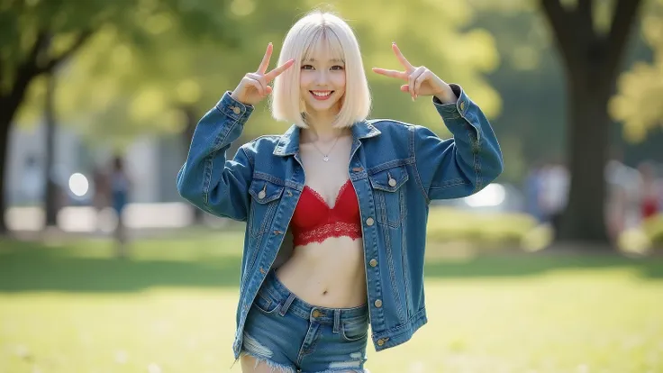 A photorealistic ultra-high-quality image of a 16-17-year-old Japanese girl, approximately 160 cm tall, with a blonde bob haircut. She wears an unbuttoned denim jacket over a lacy red bralette and unzipped short denim shorts. She is happily making a V sign...