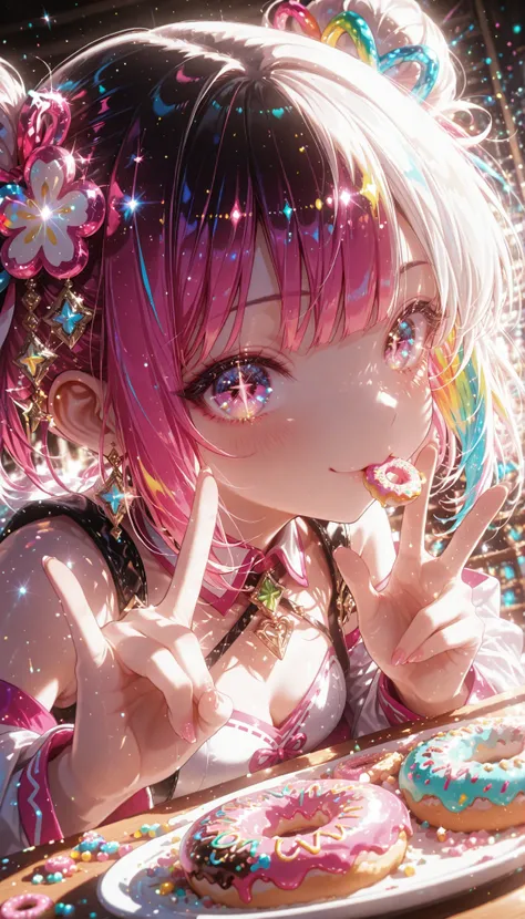 1girl , solo ,Shining Fortune Teller's Outfit ,colorful sweets on the table fortune telling of sweets eating big colorful donuts foot method\n\n High resolution , light/Dark Method , very detailed background , Exquisitely Designed Shining Fortune Teller'...