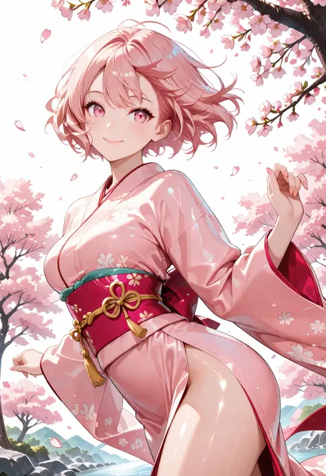(masterpiece, high resolution, 2K resolution, very detailed), (1 girl, completely finished), smile 、(Kimono),cute 、medium breasts,cherry blossoms ,reach out (pink hair,short hair,Floating Hair ),dynamic poses、 (pink eyes、perfect eyes),shiny skin 