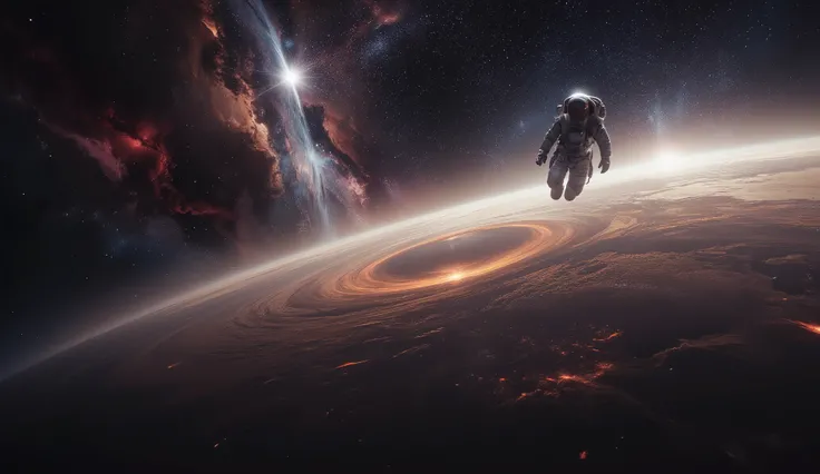 A lone astronaut drifts silently through the vastness of deep space, surrounded by a sea of stars, glowing nebulae, and distant galaxies. Below them, a swirling gas giant looms with rich, stormy colors — crimson, indigo, and silver. Wisps of cosmic dust an...