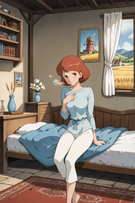 Nausicaa,1girl,brown hair,medium hair,brown eyes, breasts,, (Masterpiece, top quality, 8k, High quality anime, detailed and accurate anime poster, Studio Ghibli style, High sense Art ), adorable face, very kind face, Sitting on the bed in her private room,...